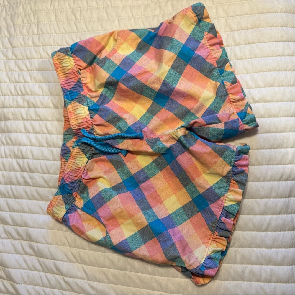 Lands' End Pastel Plaid Elastic Waist Shorts in Blue, Peach & Mint